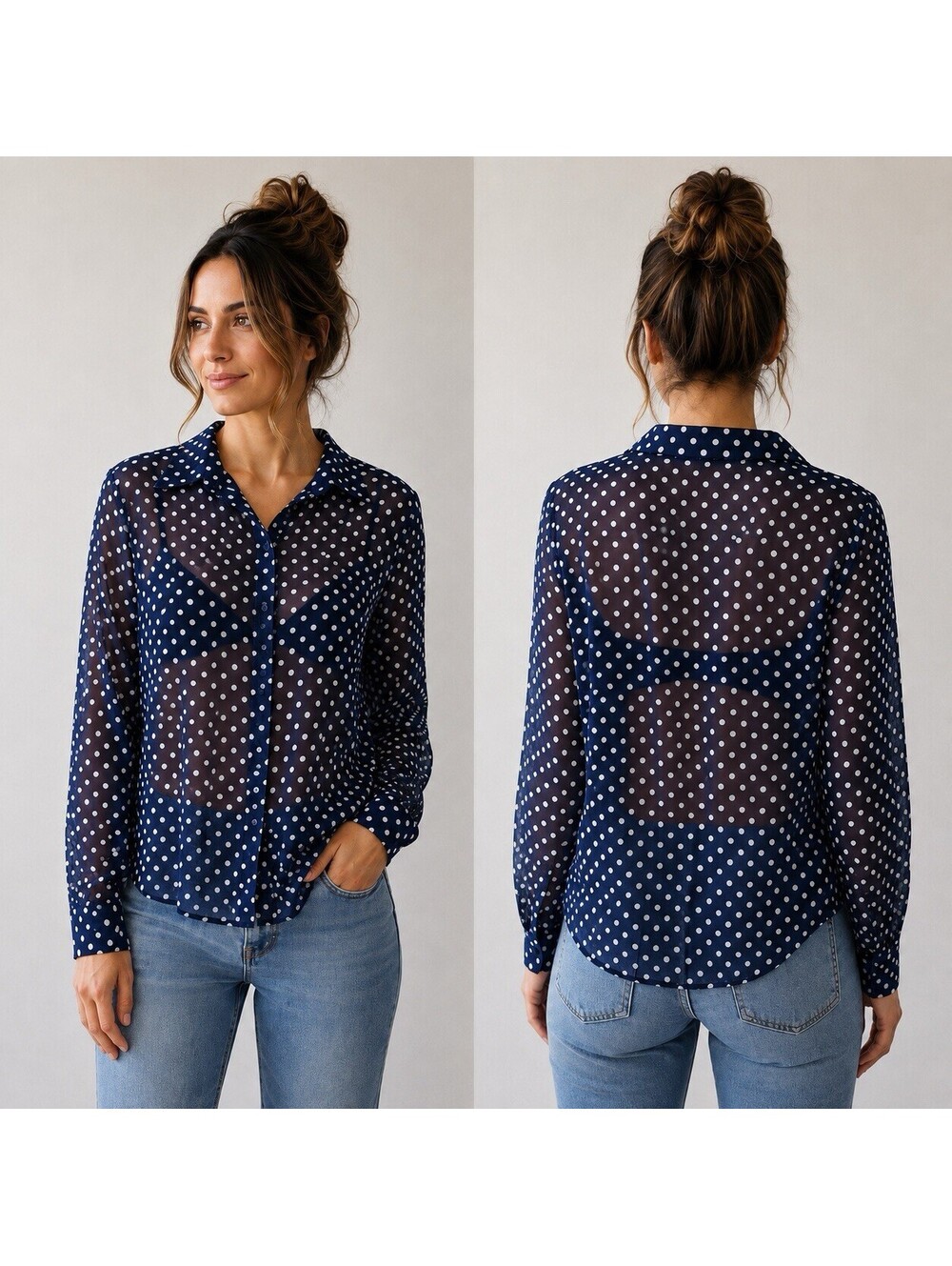 Love Potion Polka Dot Blouse Small Navy White Sheer Button Up Retro Pinup Y2K